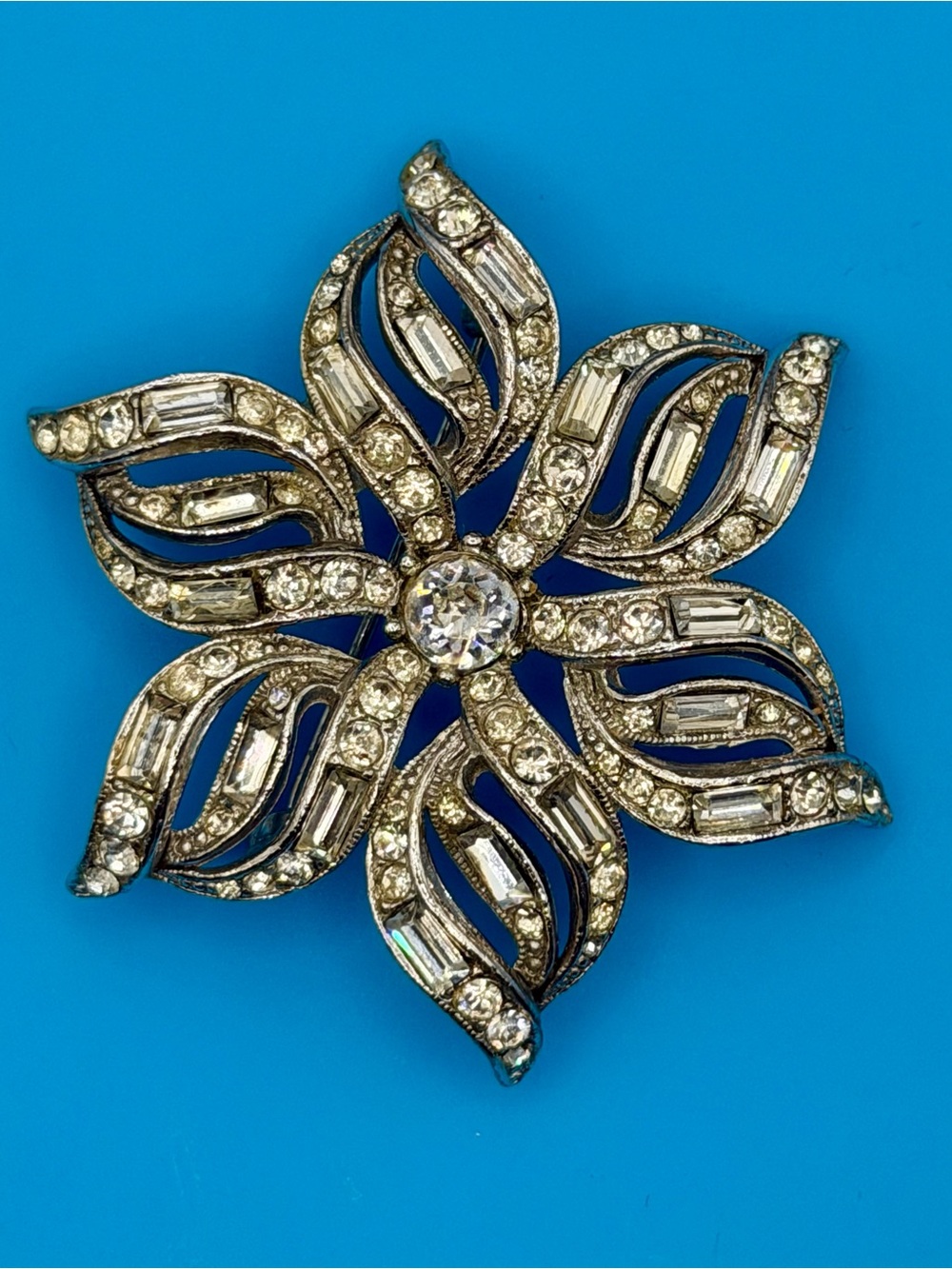 Vintage Signed BOGOFF Rhinestone Baguette Flower Brooch 1950s